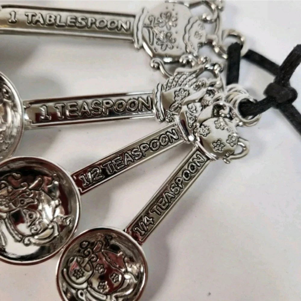 Teapot hearts silver tone Measuring Spoons set kitchen cooking baking cottage